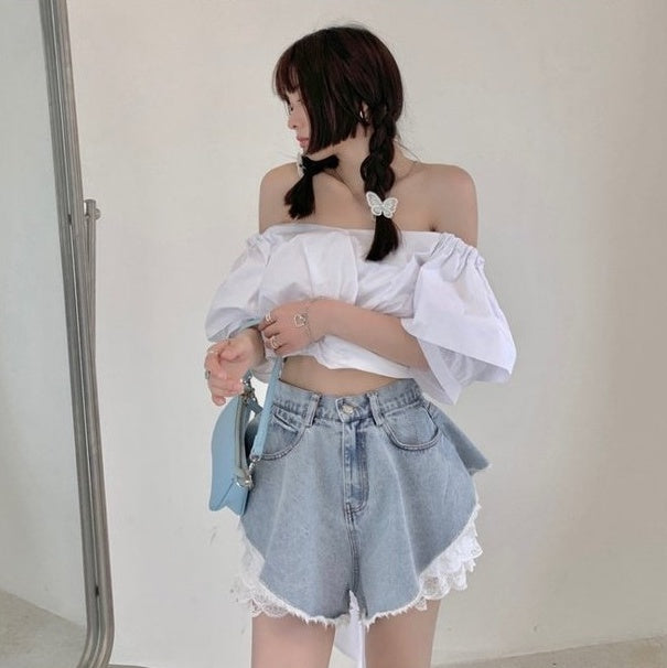 Blue Loose Denim Lace Shorts