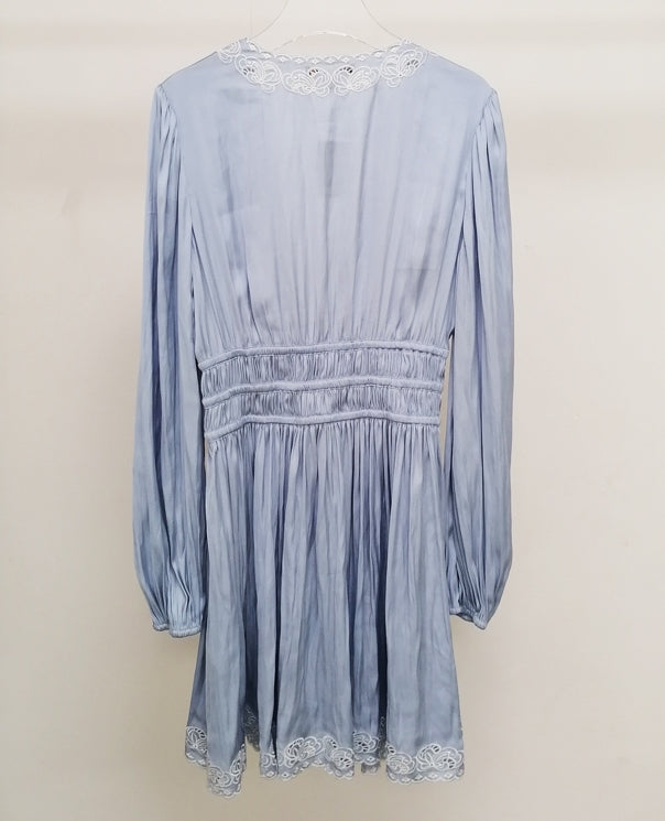 Blue Low V-Neck Satin Dress