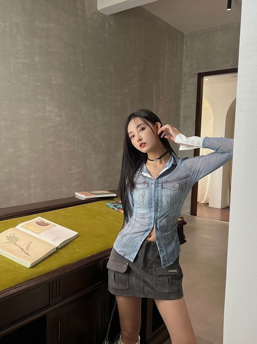 Blue Mesh Denim-Style Long Sleeves Shirt