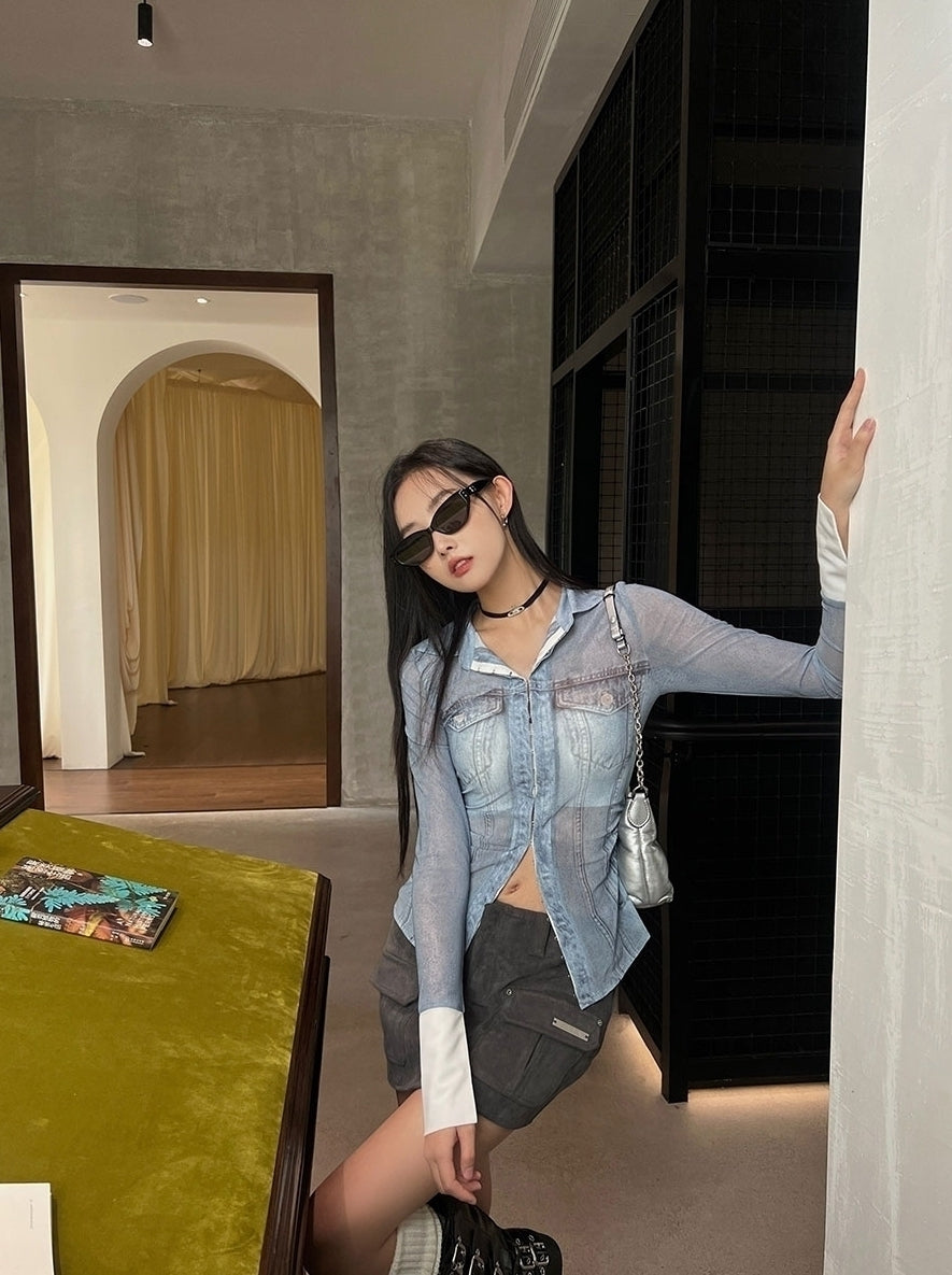 Blue Mesh Denim-Style Long Sleeves Shirt