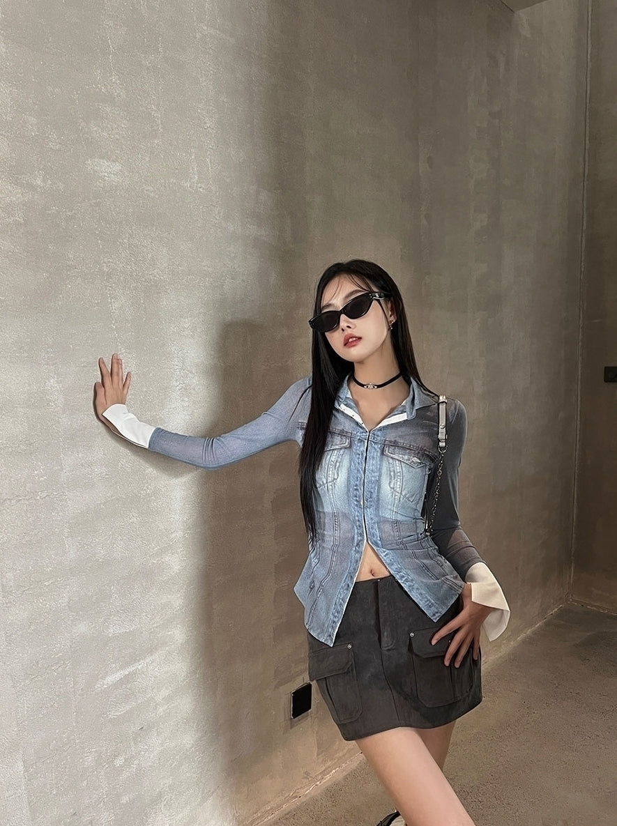 Blue Mesh Denim-Style Long Sleeves Shirt