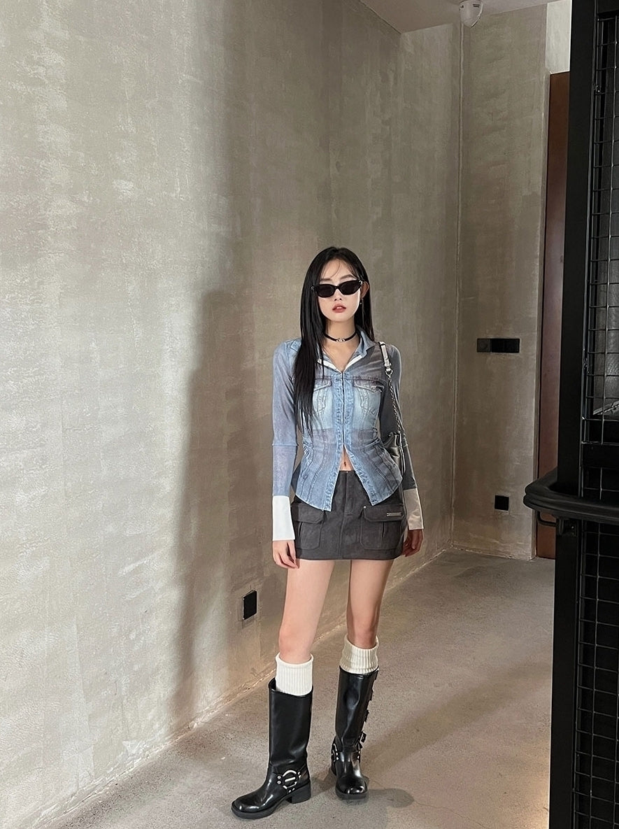 Blue Mesh Denim-Style Long Sleeves Shirt