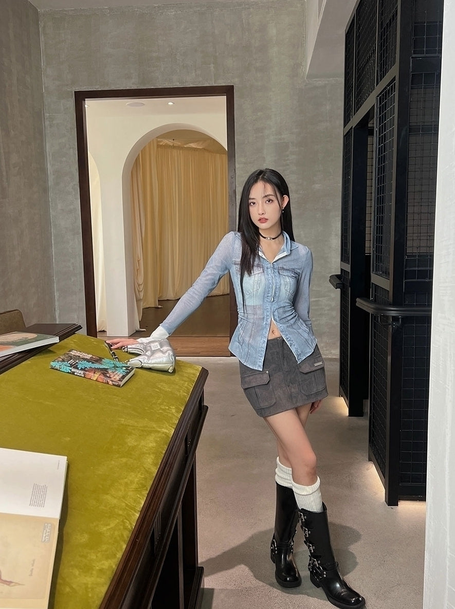 Blue Mesh Denim-Style Long Sleeves Shirt