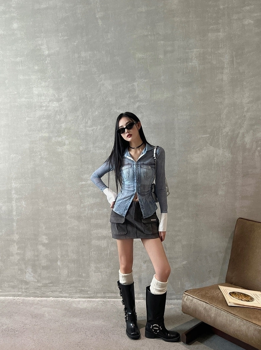 Blue Mesh Denim-Style Long Sleeves Shirt
