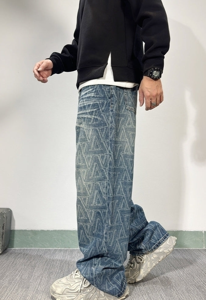 Blue Monogram Wide-Leg Jeans