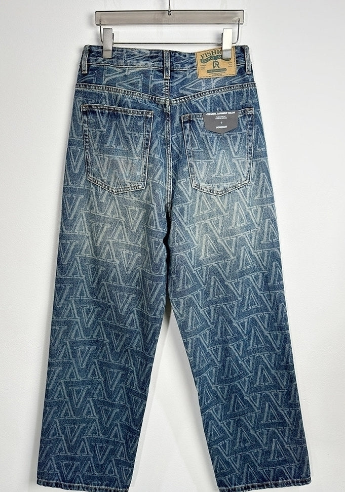 Blue Monogram Wide-Leg Jeans