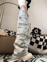 Blue Multi Pocket Baggy Cargo Pants