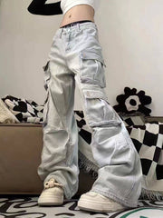 Blue Multi Pocket Baggy Cargo Pants