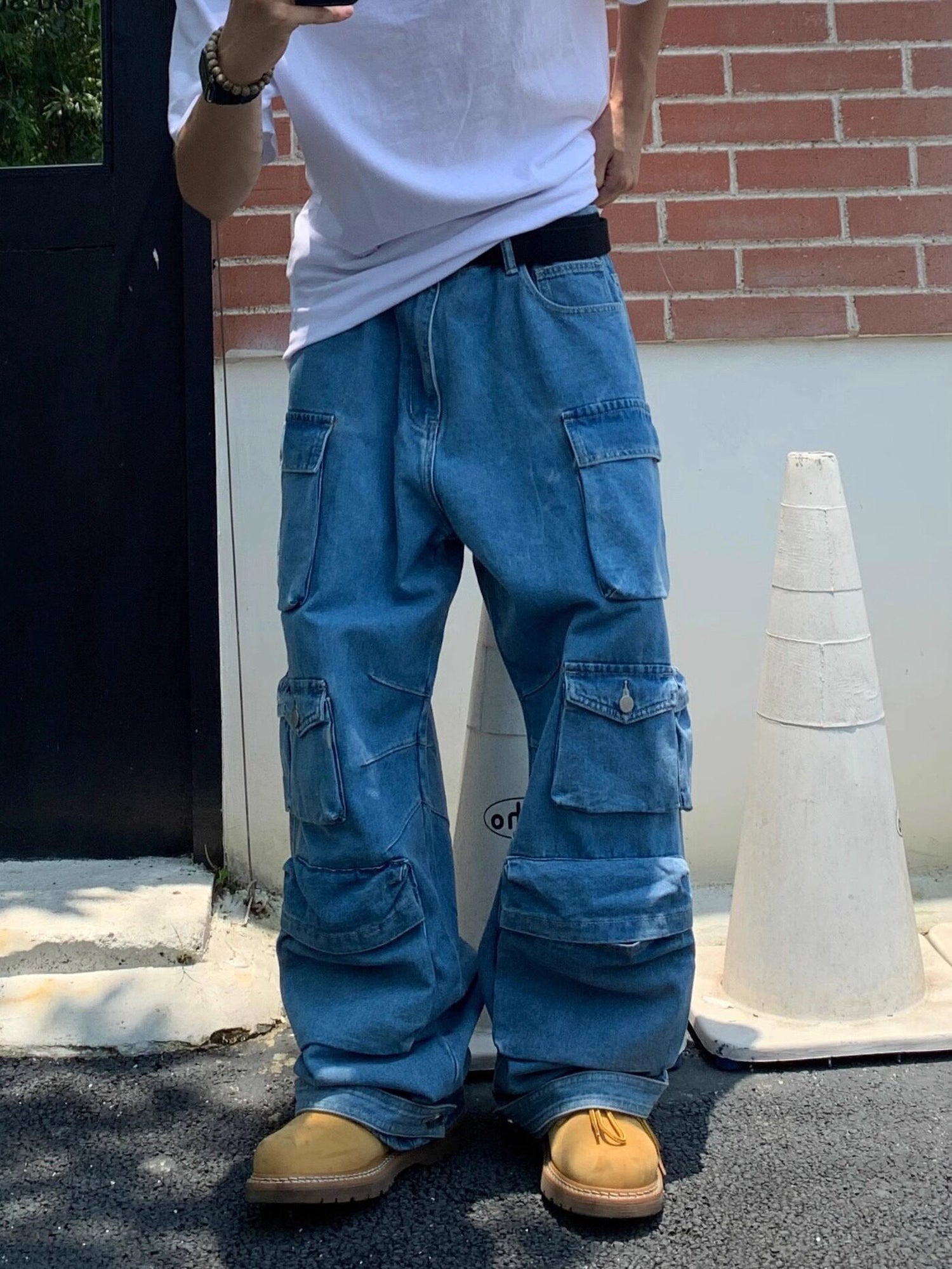 Blue Multipockets Oversized Cargo Jeans