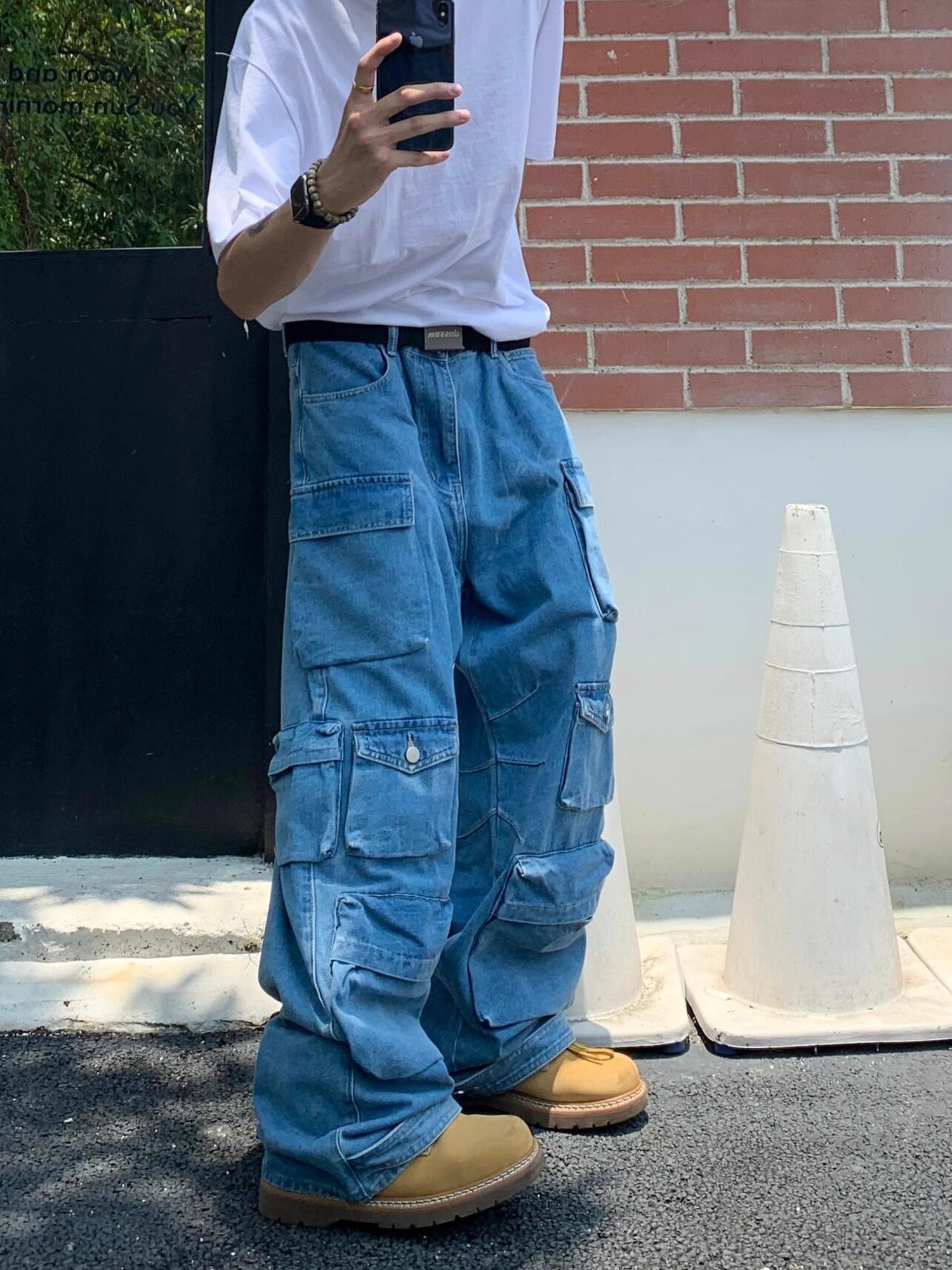 Blue Multipockets Oversized Cargo Jeans