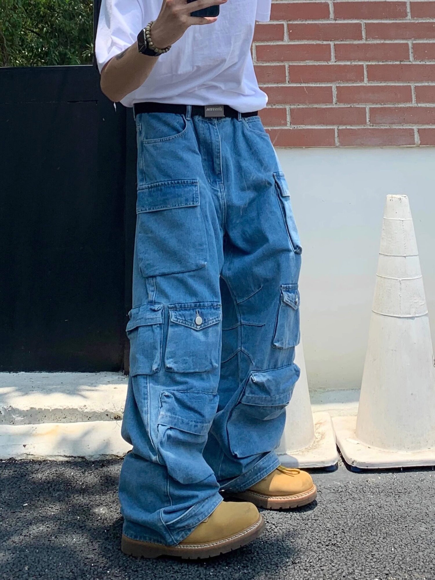 Blue Multipockets Oversized Cargo Jeans