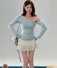 Blue Off-Shoulder Long-Sleeve Ribbon Top