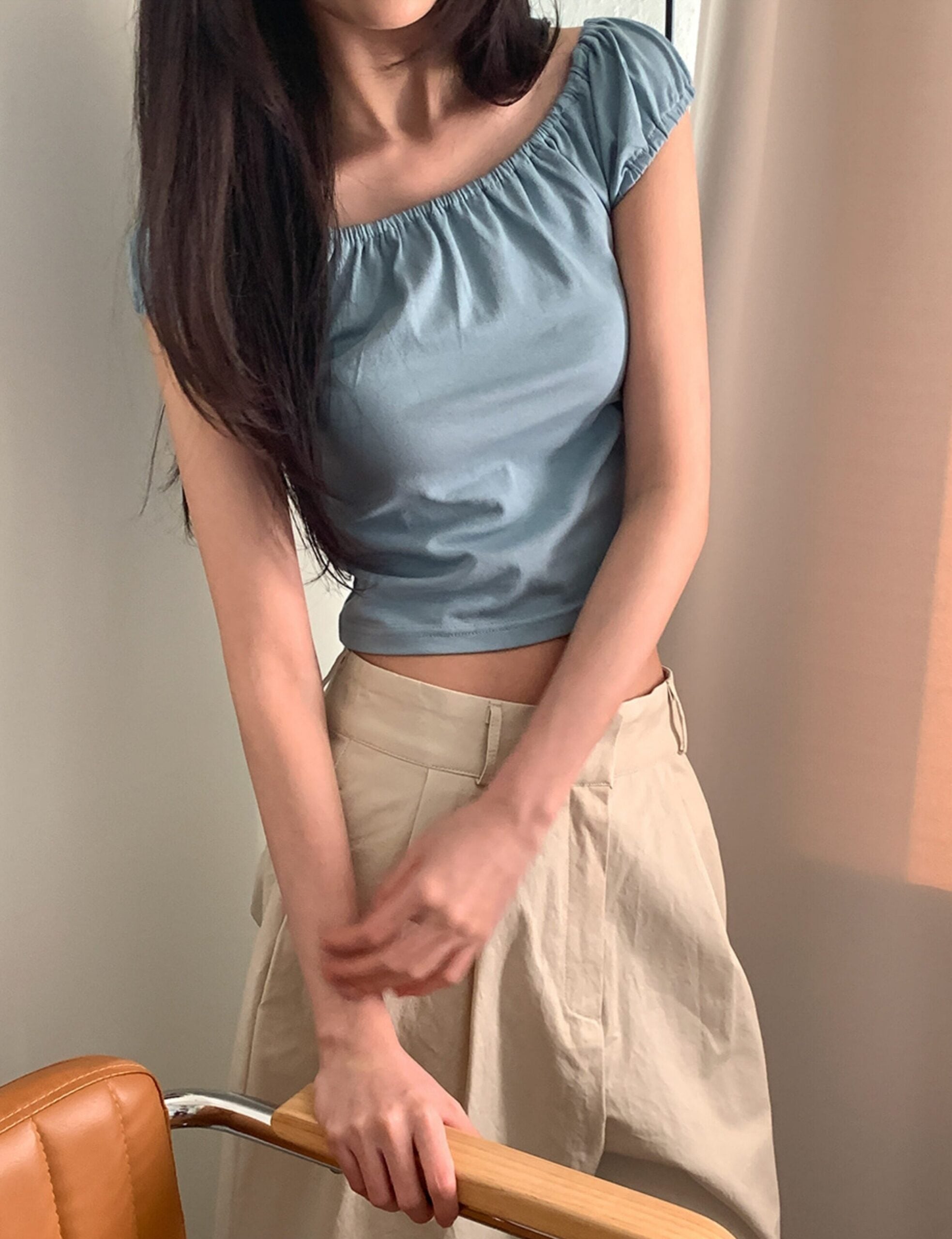 Blue Off-Shoulders Puff Sleeves Top