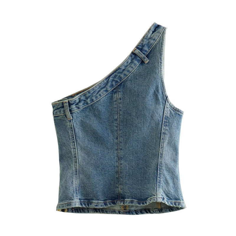 Blue One-Shoulder Denim Top