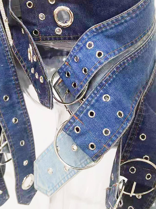 Blue Overlayered Belts Denim Skirt