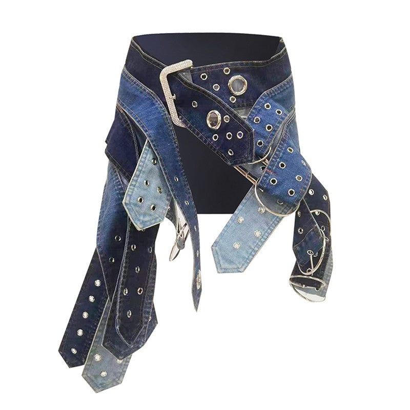Blue Overlayered Belts Denim Skirt