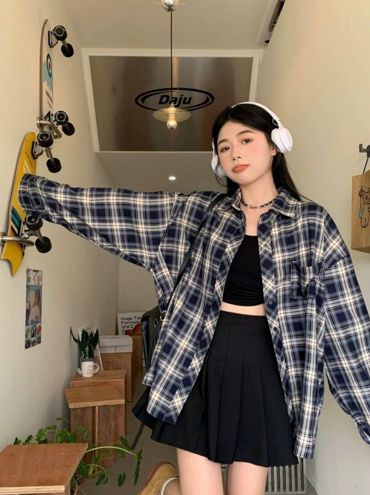 Blue Oversized Plaid Shirt
