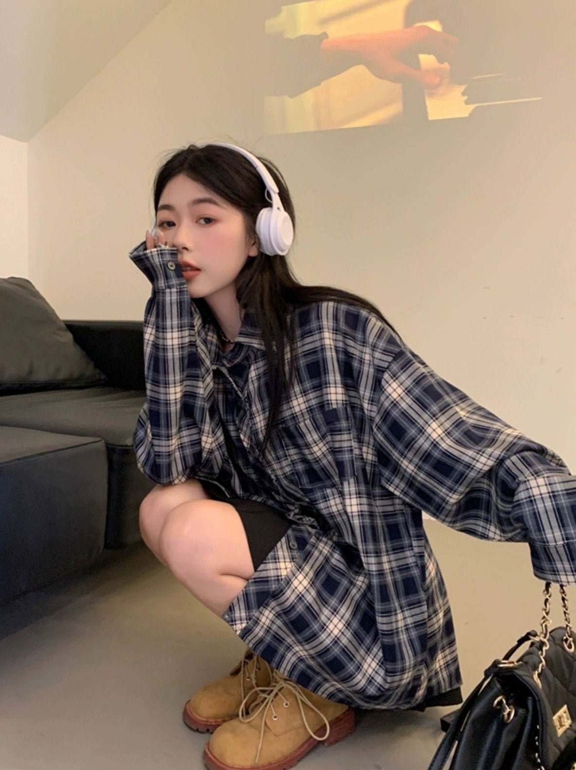 Blue Oversized Plaid Shirt