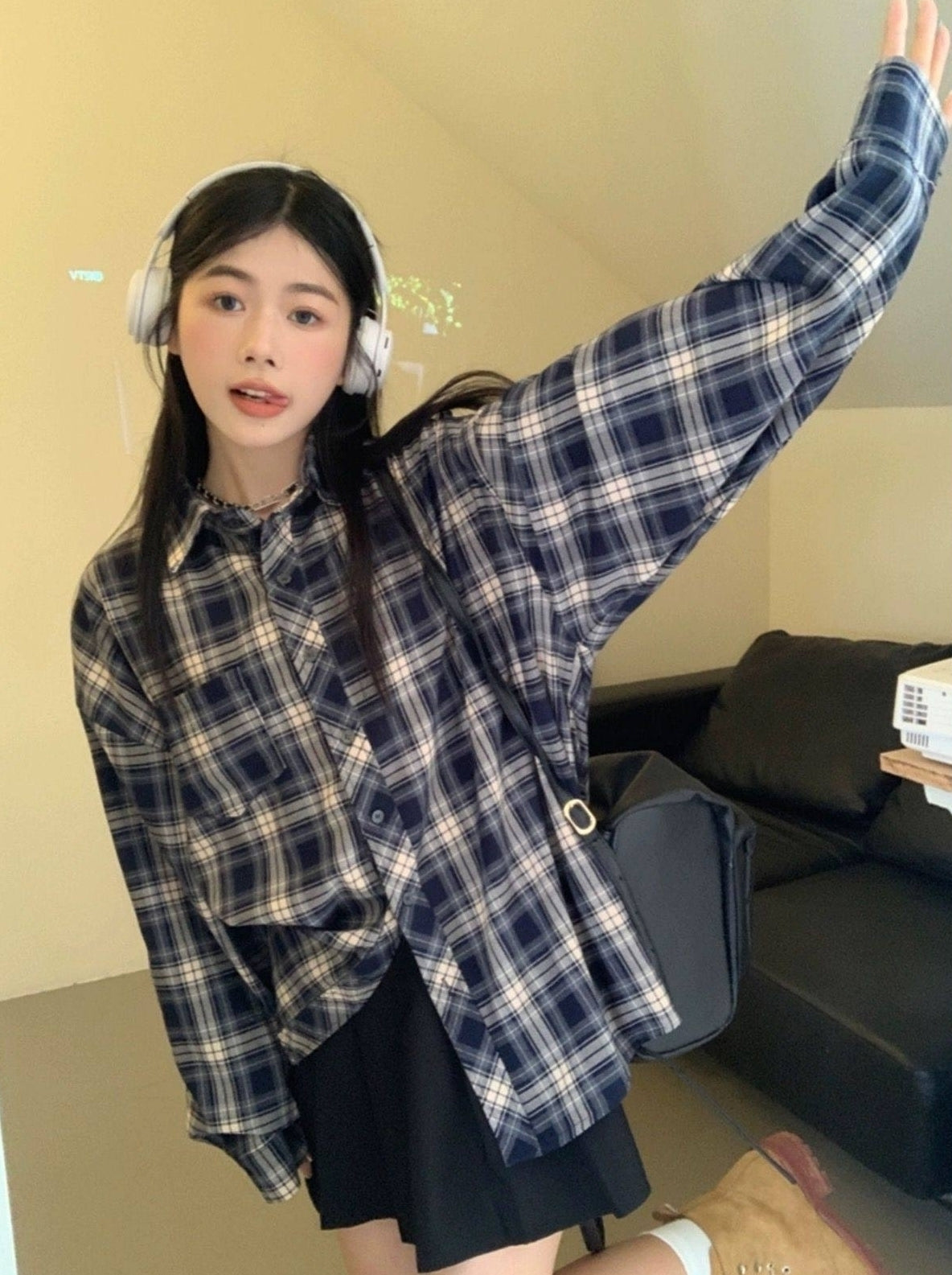 Blue Oversized Plaid Shirt