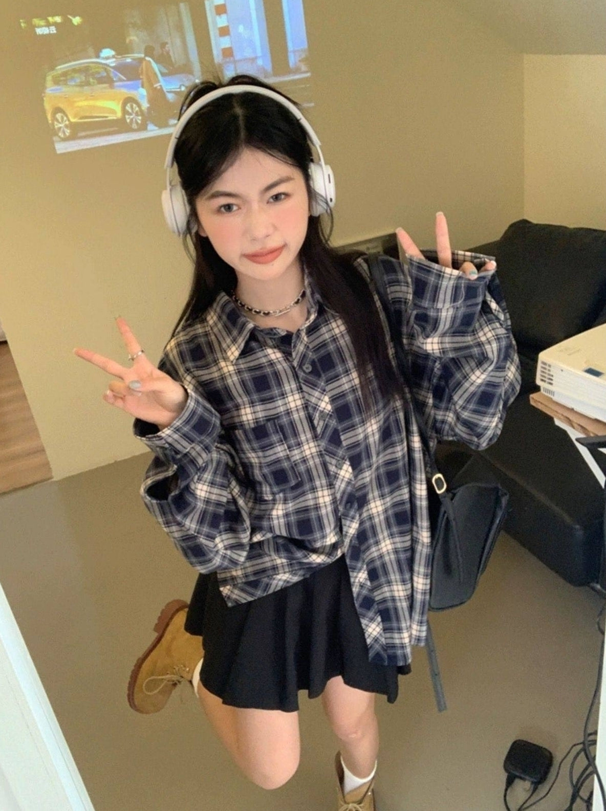 Blue Oversized Plaid Shirt