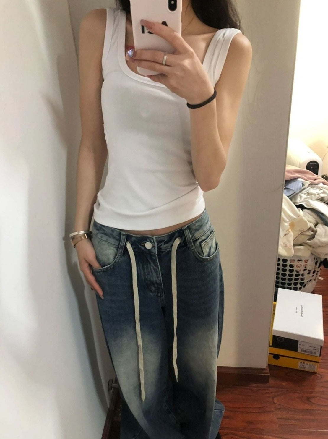 Blue Oversized Shoe Lace Belt Jeans
