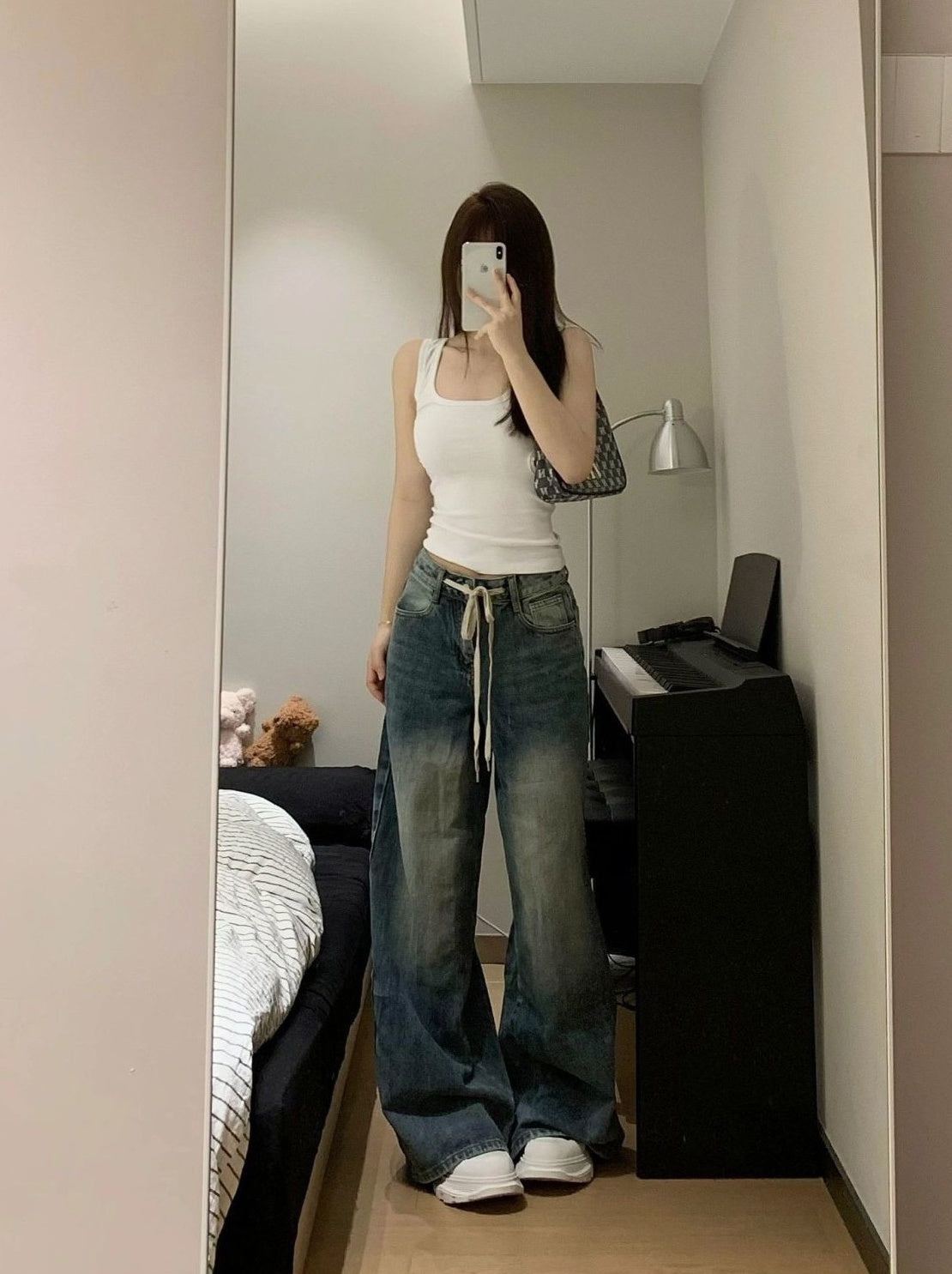 Blue Oversized Shoe Lace Belt Jeans