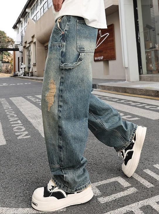 Blue Patch Washed Wide Leg Jeans
