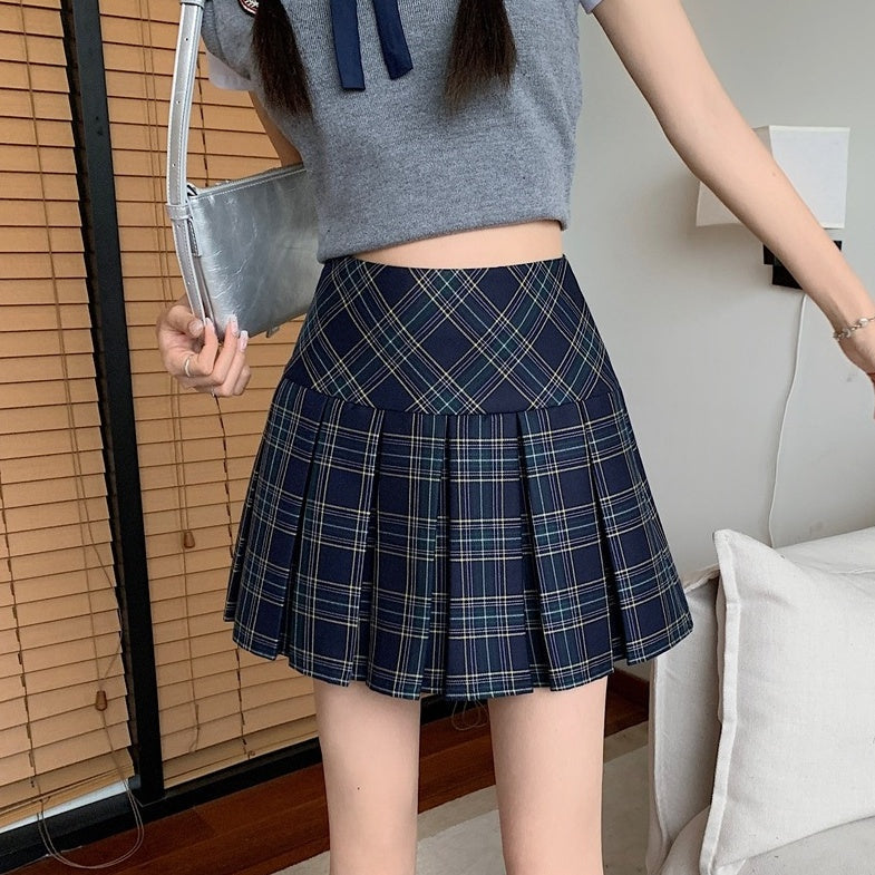 Blue Plaid A-Line Pleated Skirt