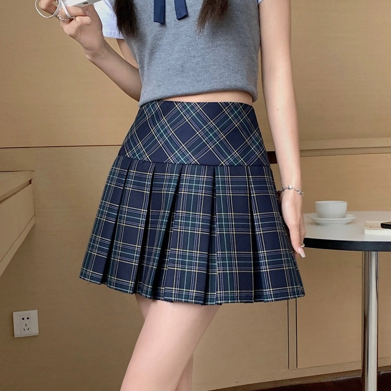 Blue Plaid A-Line Pleated Skirt