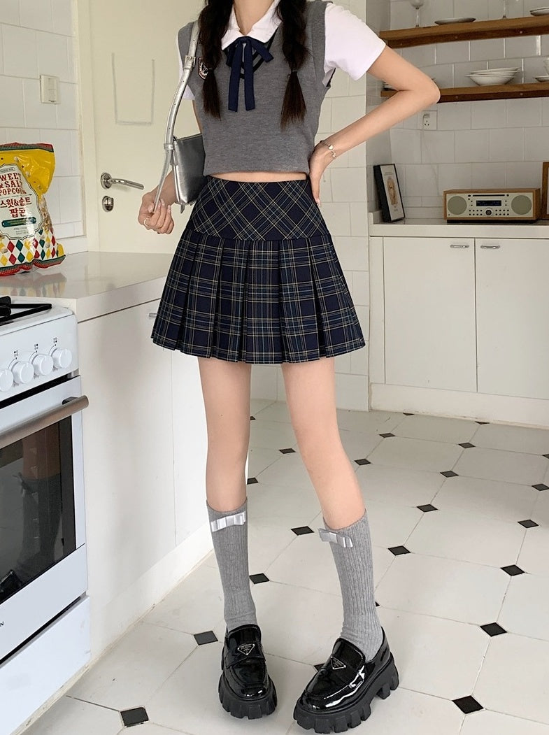 Blue Plaid A-Line Pleated Skirt