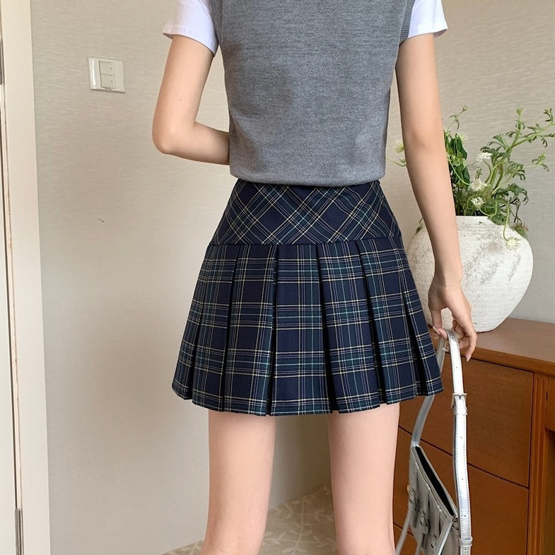 Blue Plaid A-Line Pleated Skirt
