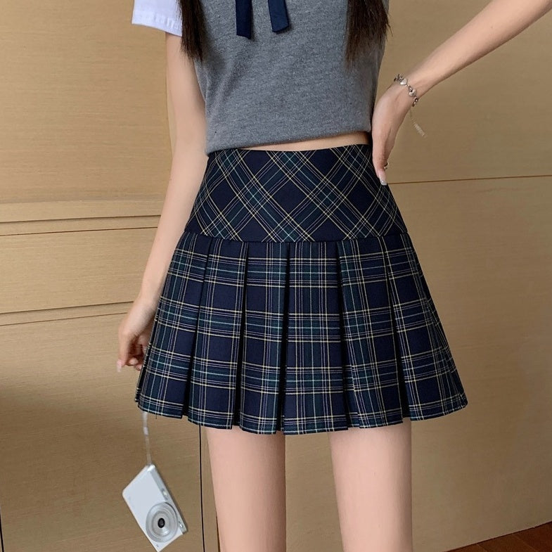 Blue Plaid A-Line Pleated Skirt