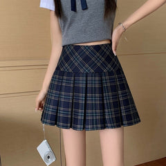 Blue Plaid A-Line Pleated Skirt