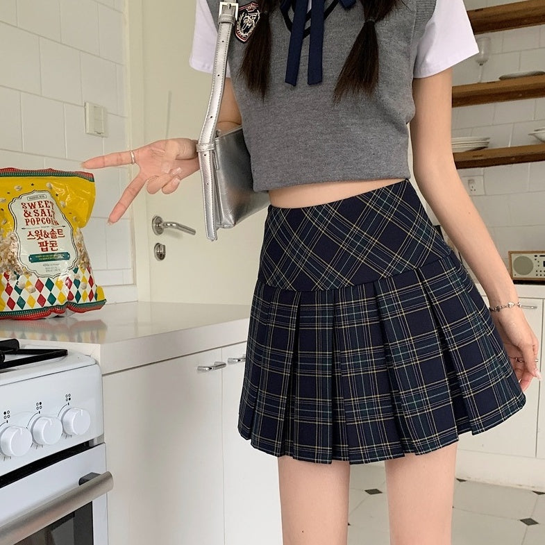 Blue Plaid A-Line Pleated Skirt