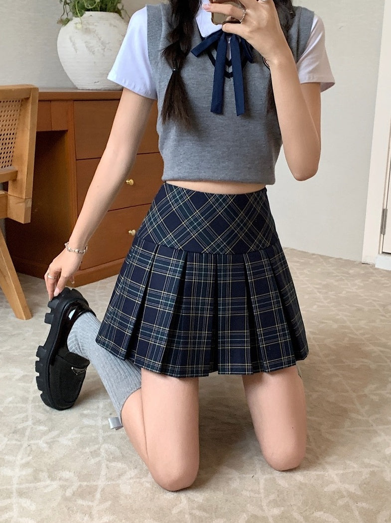 Blue Plaid A-Line Pleated Skirt