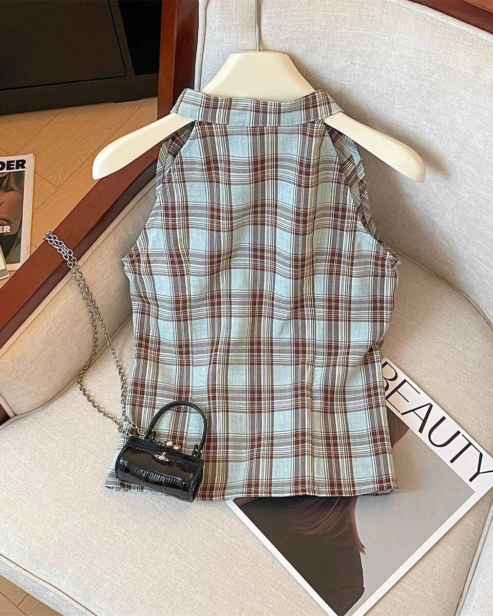 Blue Plaid Button Camisole Top
