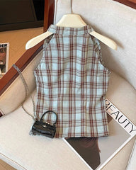 Blue Plaid Button Camisole Top