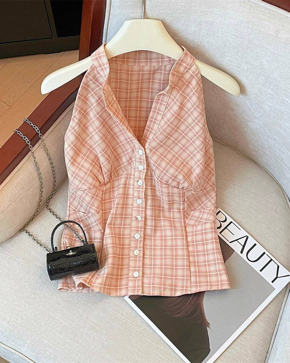Blue Plaid Button Camisole Top