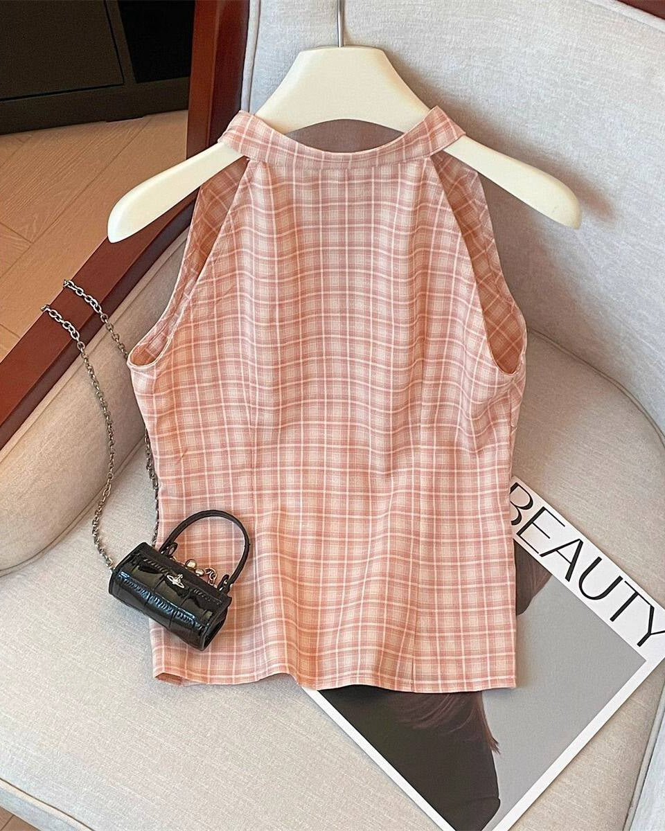 Blue Plaid Button Camisole Top