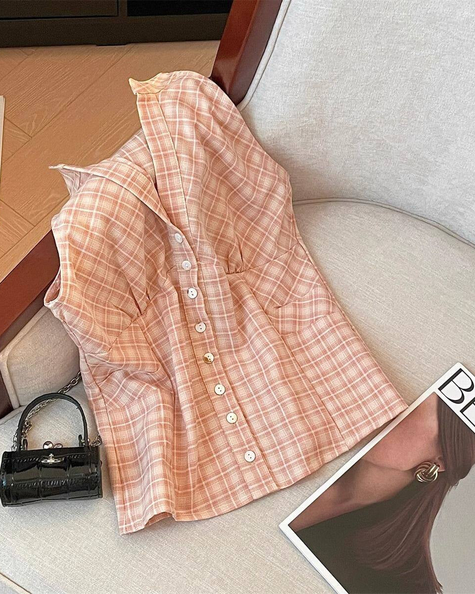Blue Plaid Button Camisole Top