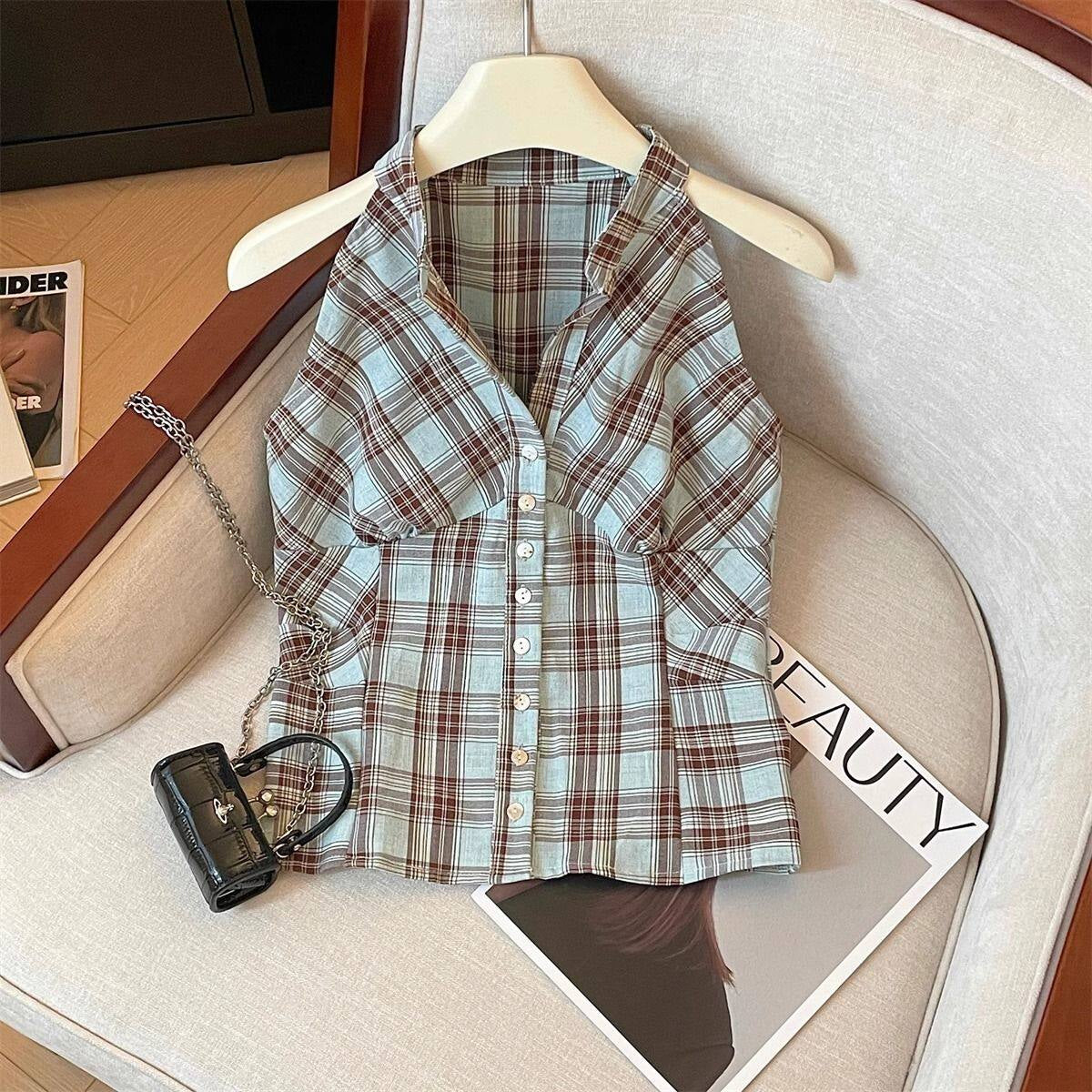 Blue Plaid Button Camisole Top