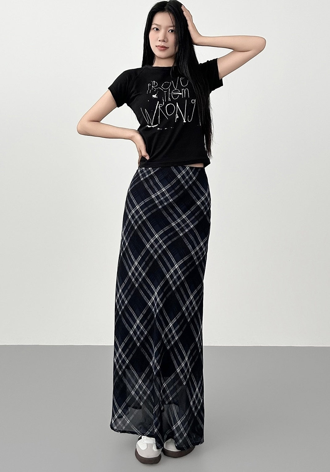 Blue Plaid Chiffon Mermaid Midi Skirt