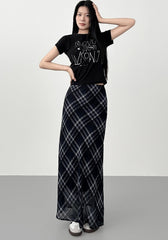 Blue Plaid Chiffon Mermaid Midi Skirt