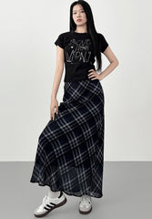 Blue Plaid Chiffon Mermaid Midi Skirt
