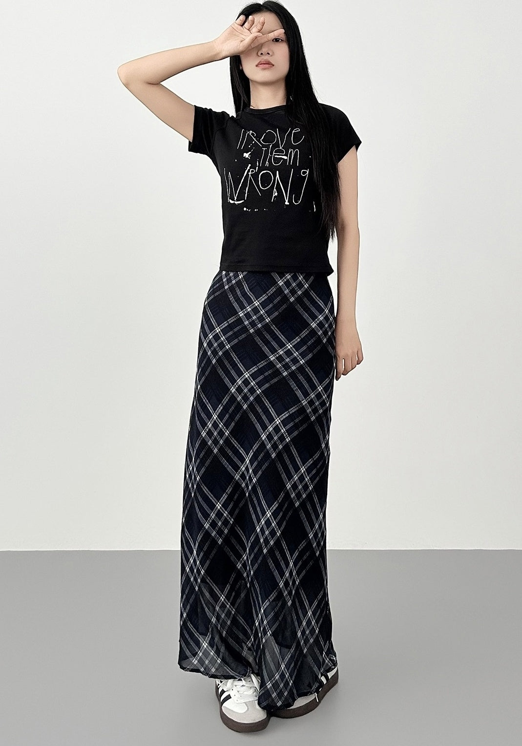 Blue Plaid Chiffon Mermaid Midi Skirt