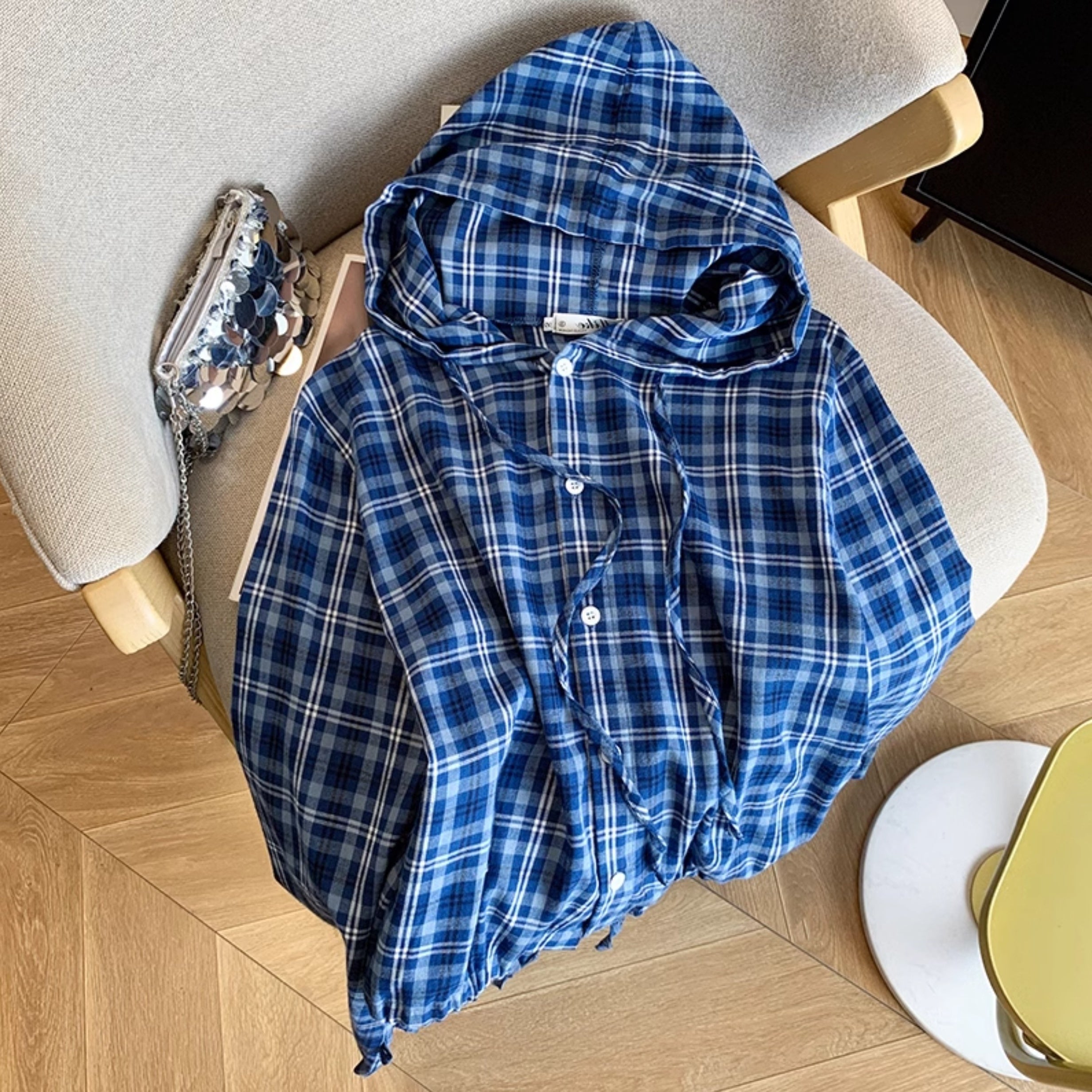 Blue Plaid Cropped Hooded Shirt