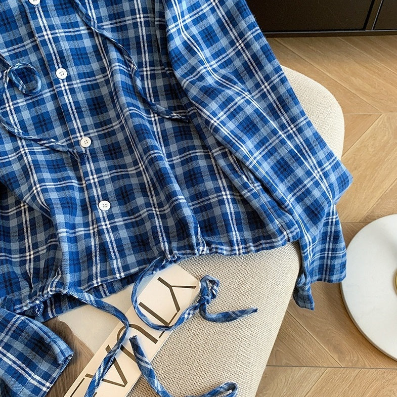 Blue Plaid Cropped Hooded Shirt