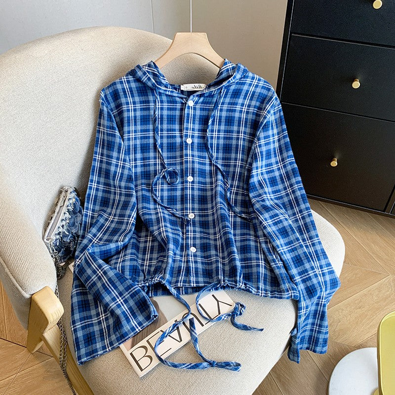 Blue Plaid Cropped Hooded Shirt