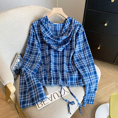 Blue Plaid Cropped Hooded Shirt