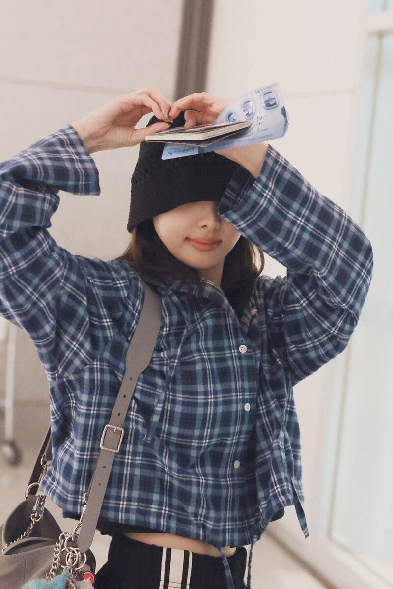 Blue Plaid Cropped Hooded Shirt
